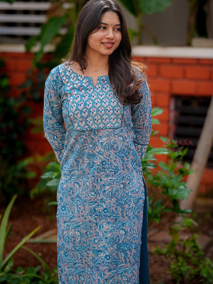 Teal Blue Floral Block Printed COTTON Kurta
