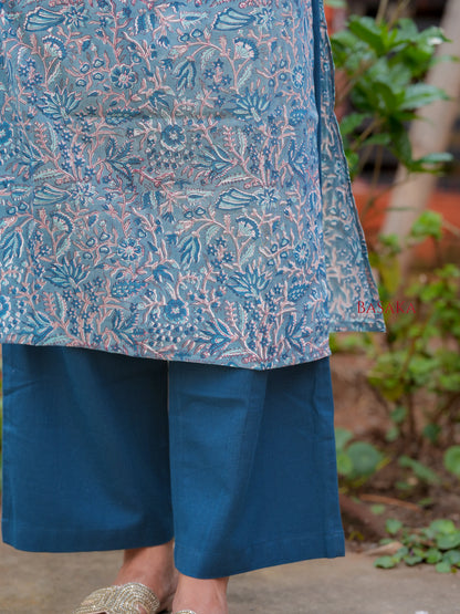 Teal Blue Floral Block Printed COTTON Kurta