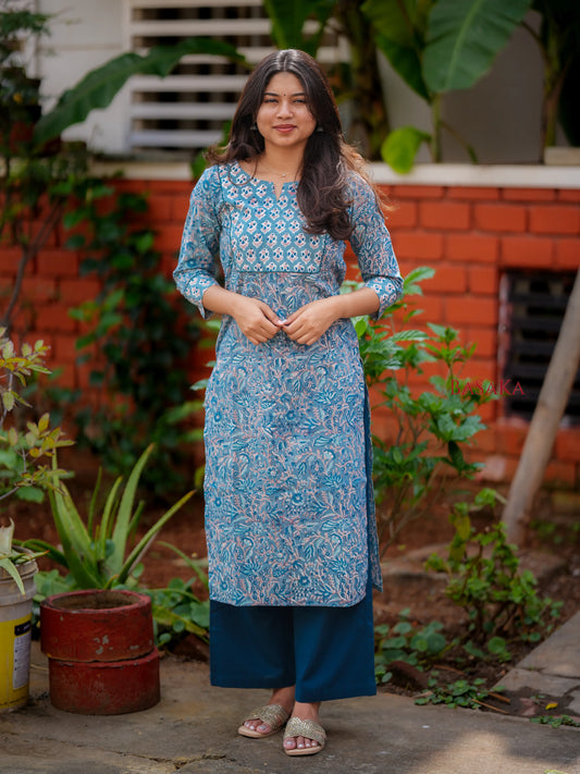 Teal Blue Floral Block Printed COTTON Kurta