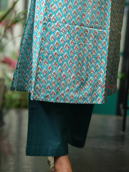 Teal Blue Floral COTTON A-Line Kurta