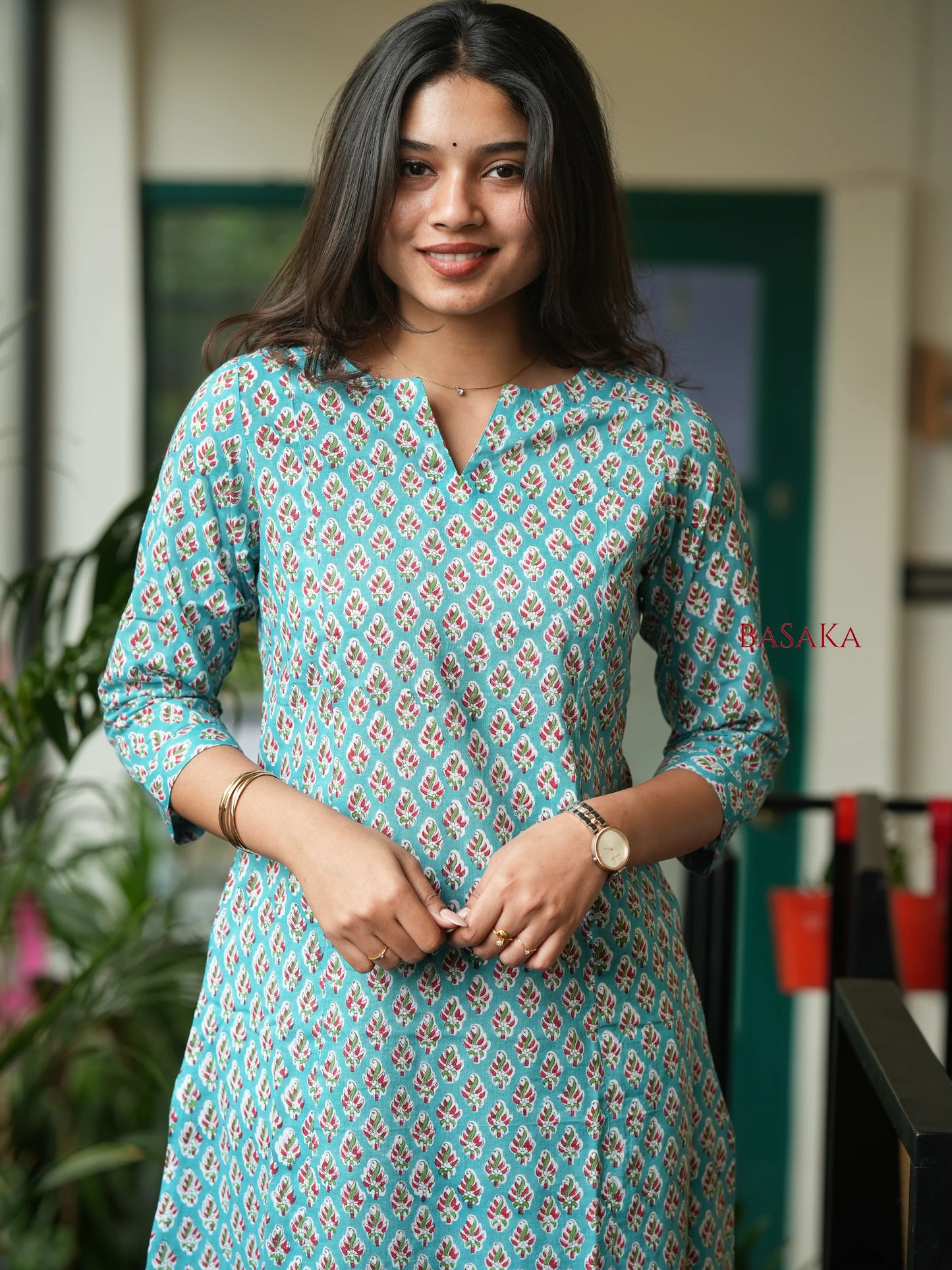 Teal Blue Floral COTTON A-Line Kurta