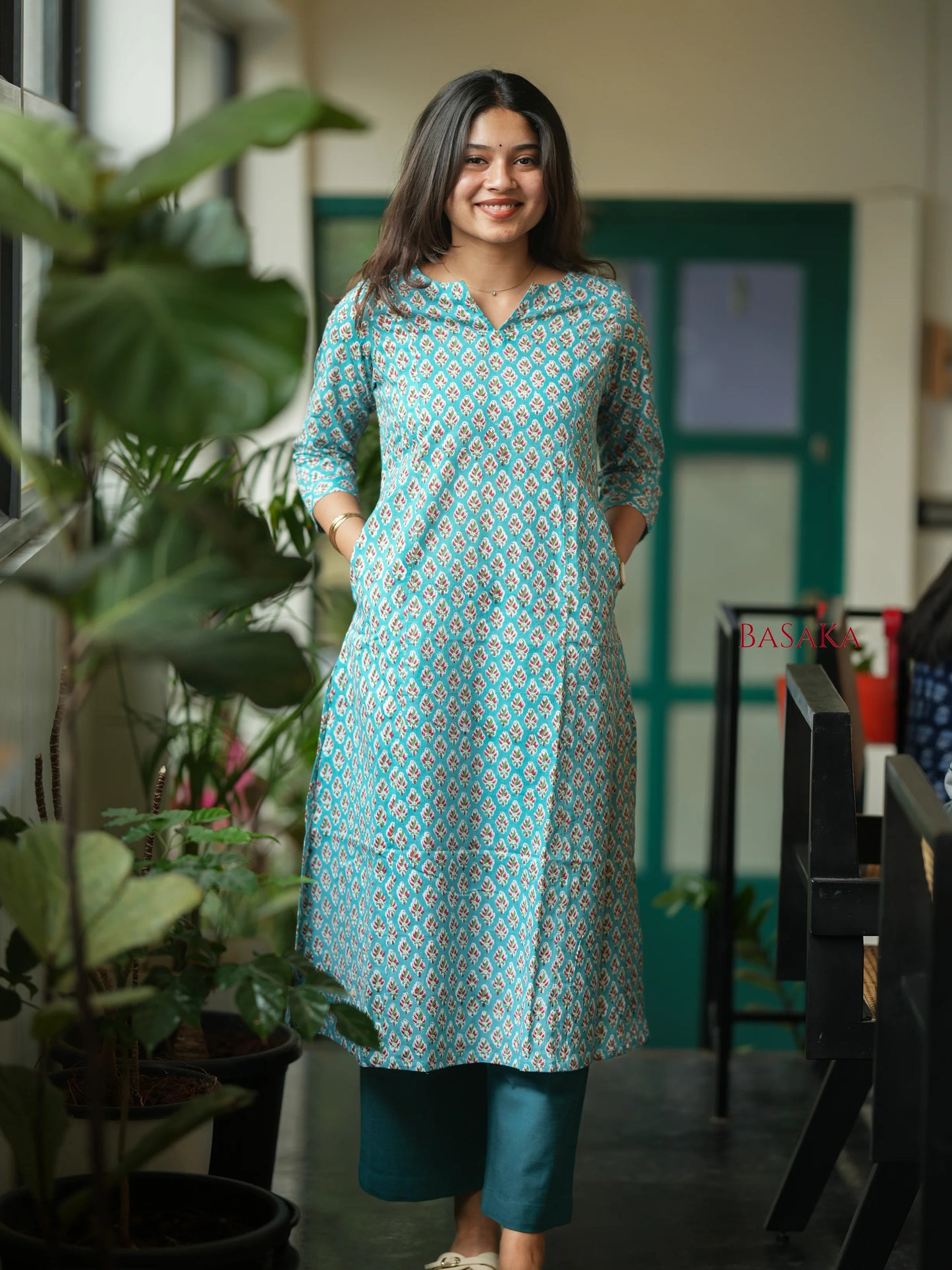 Teal Blue Floral COTTON A-Line Kurta