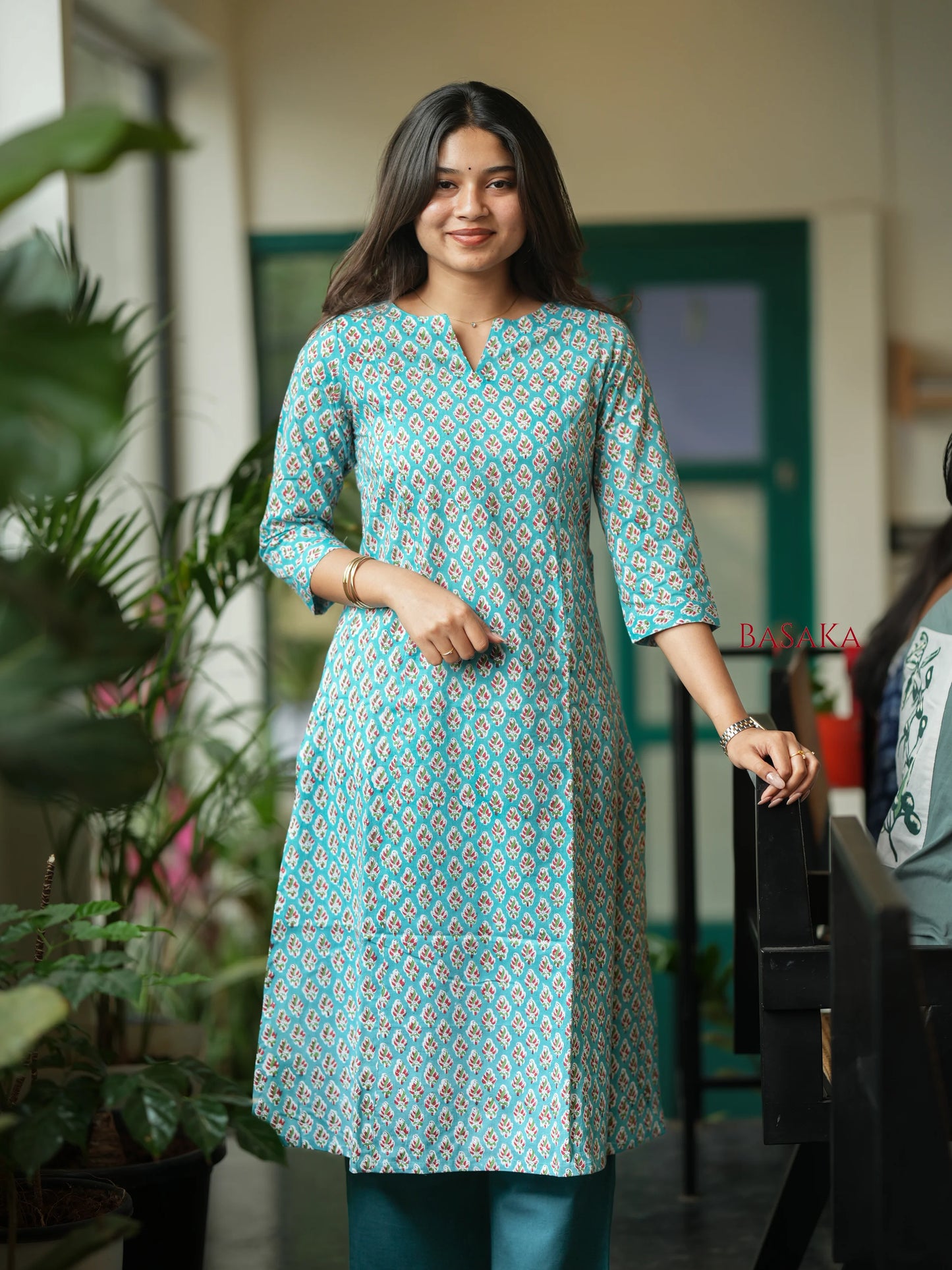 Teal Blue Floral COTTON A-Line Kurta