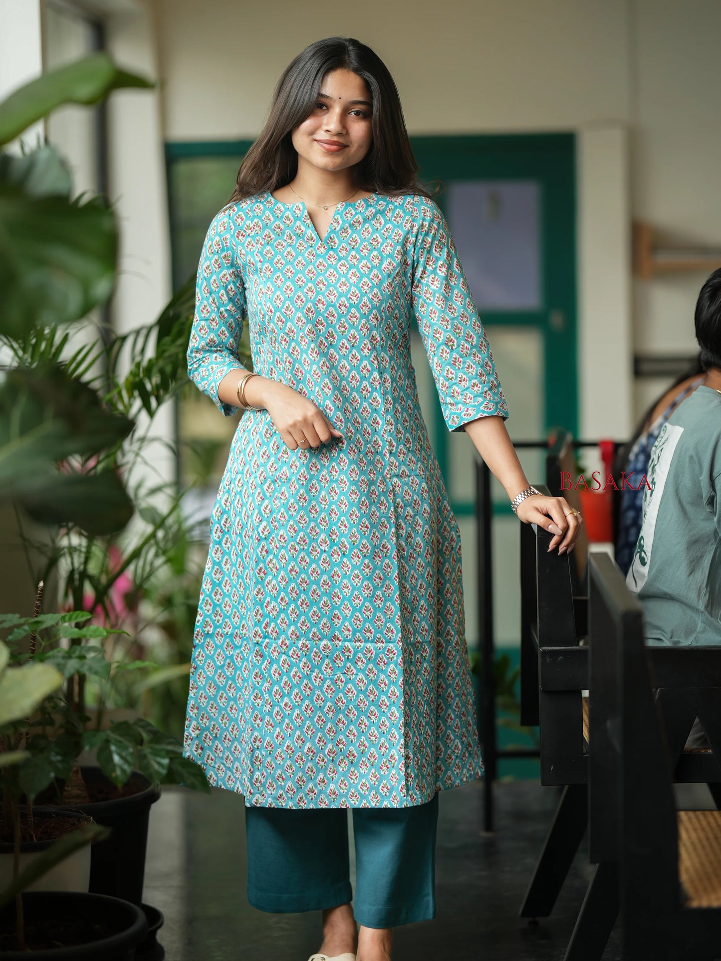 Teal Blue Floral COTTON A-Line Kurta