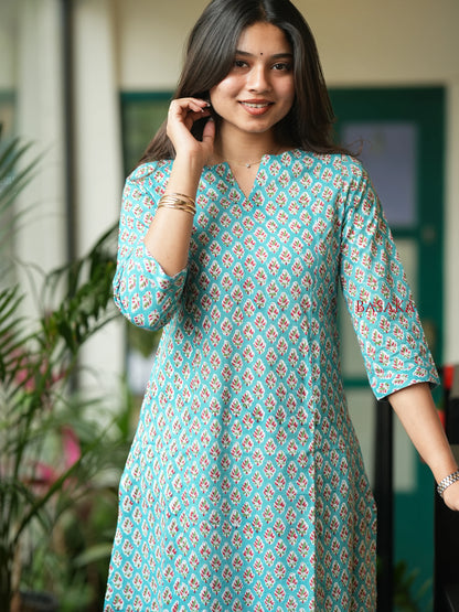 Teal Blue Floral COTTON A-Line Kurta