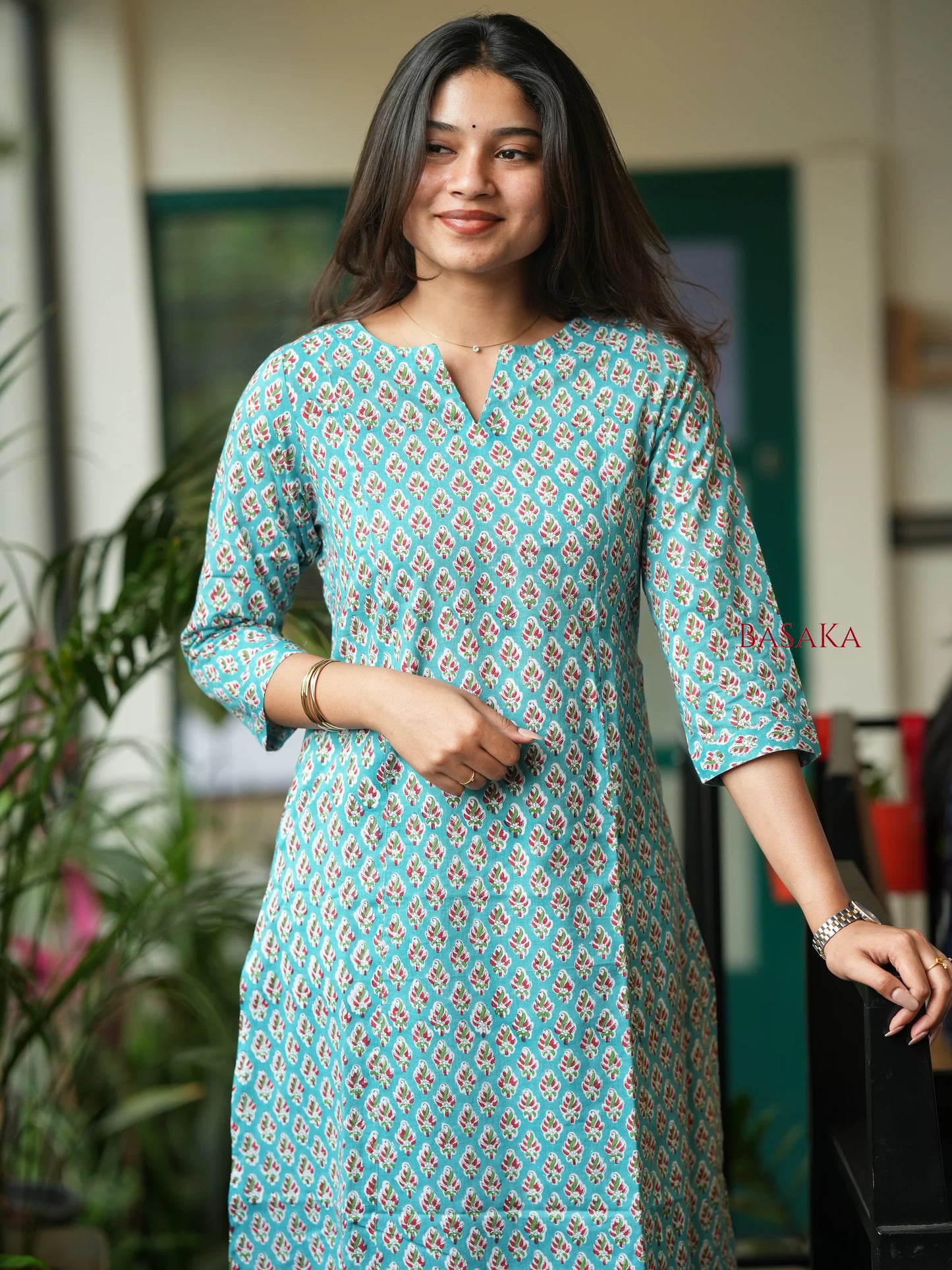 Teal Blue Floral COTTON A-Line Kurta
