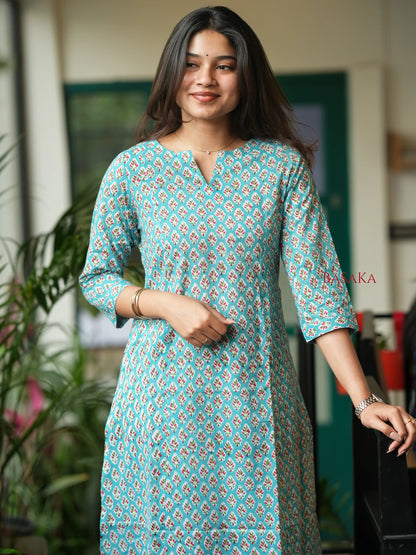 Teal Blue Floral COTTON A-Line Kurta