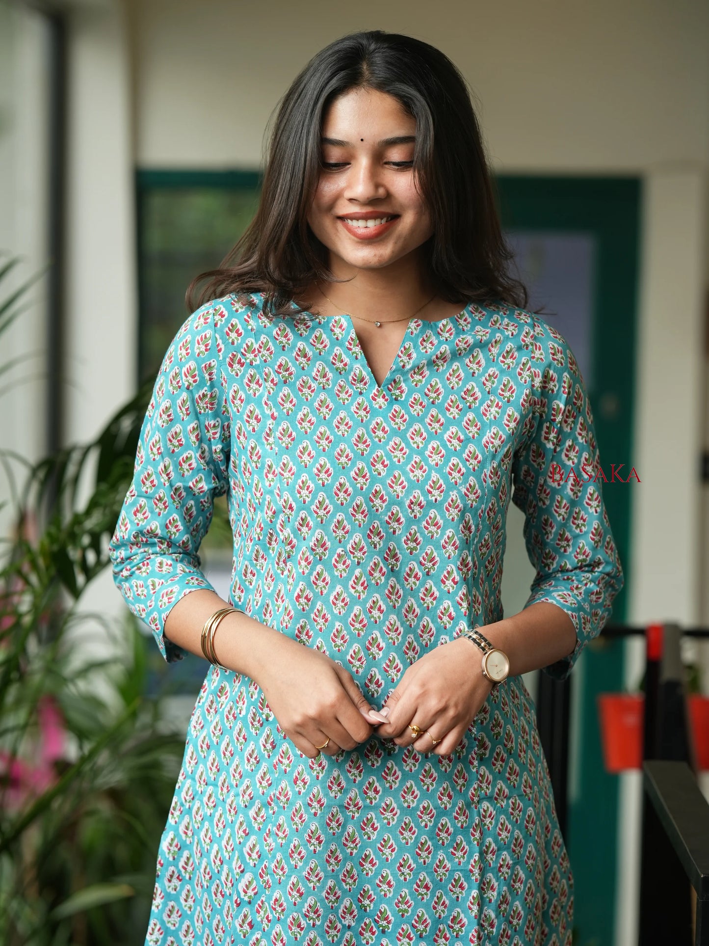 Teal Blue Floral COTTON A-Line Kurta