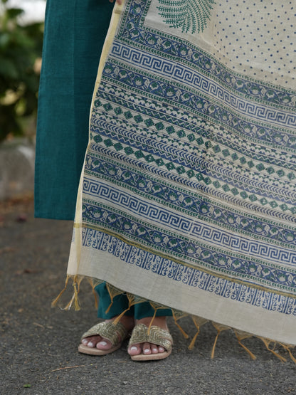 Midnight Green South Cotton Suit Set with Block Printed Dupatta (3Pcs.)