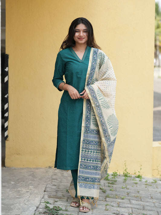 Midnight Green South Cotton Suit Set with Block Printed Dupatta (3Pcs.)