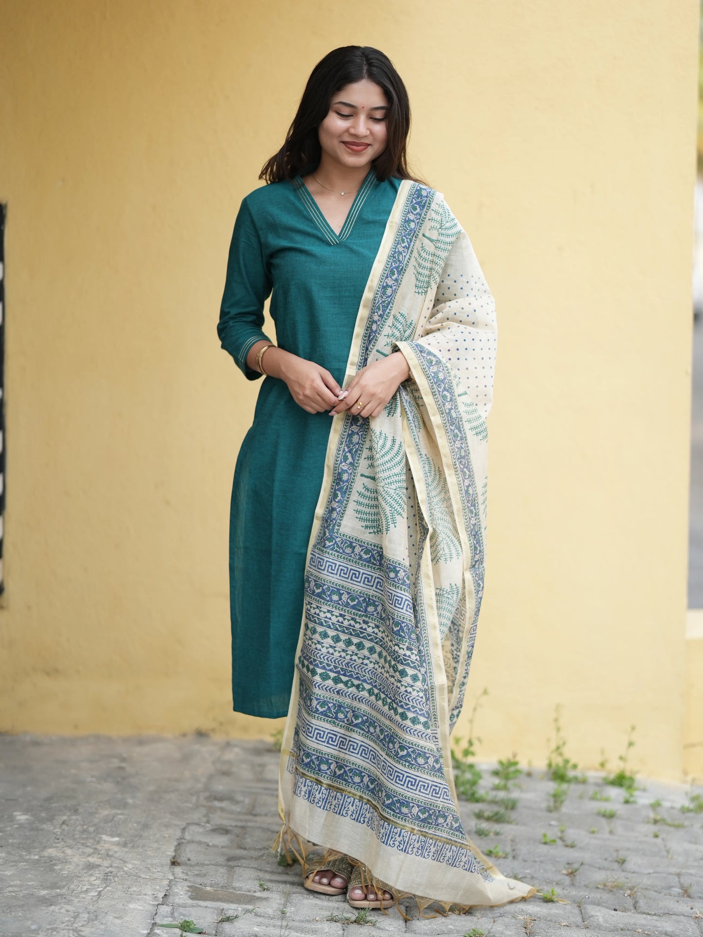 Midnight Green South Cotton Suit Set with Block Printed Dupatta (3Pcs.)