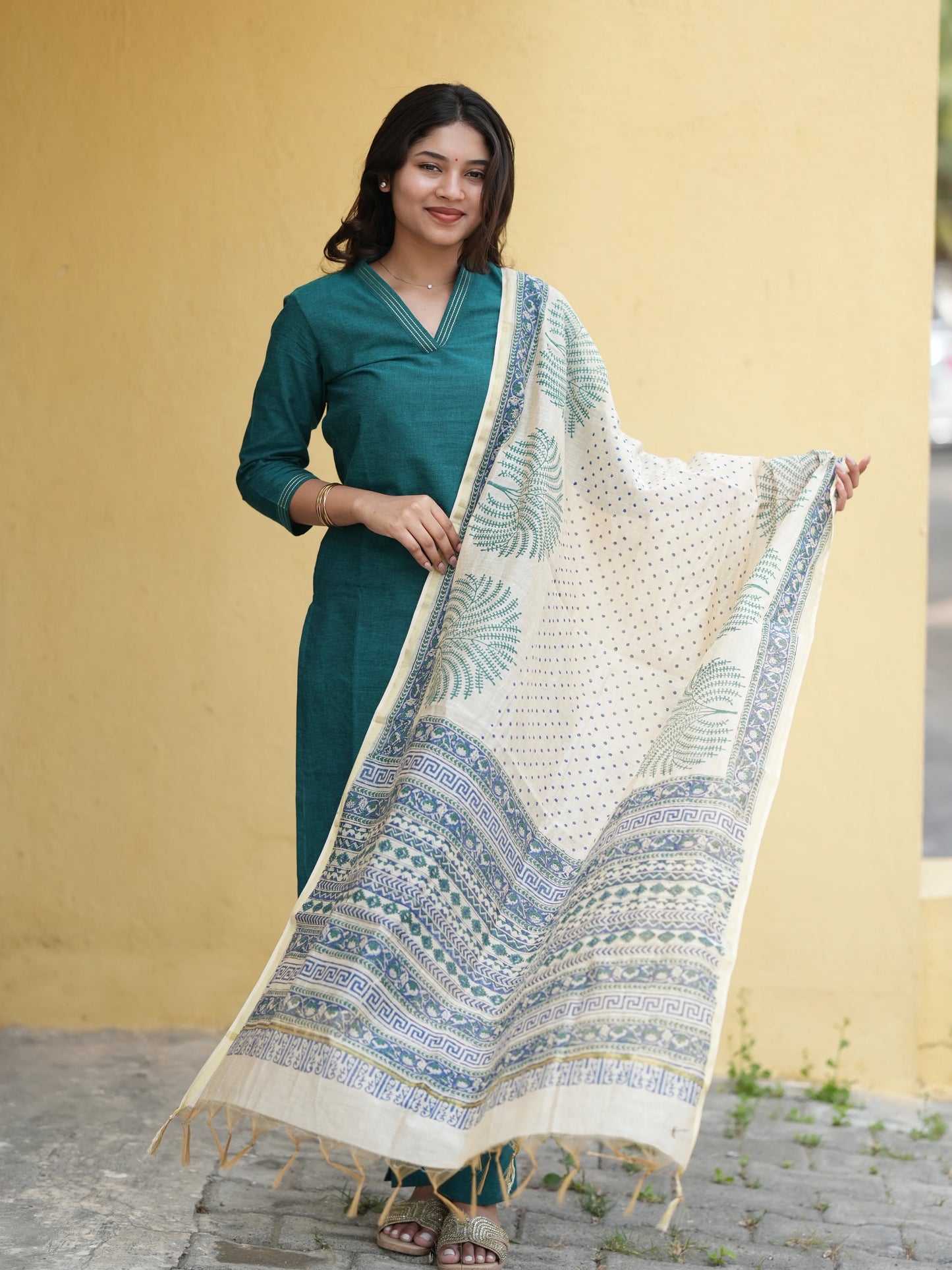 Midnight Green South Cotton Suit Set with Block Printed Dupatta (3Pcs.)