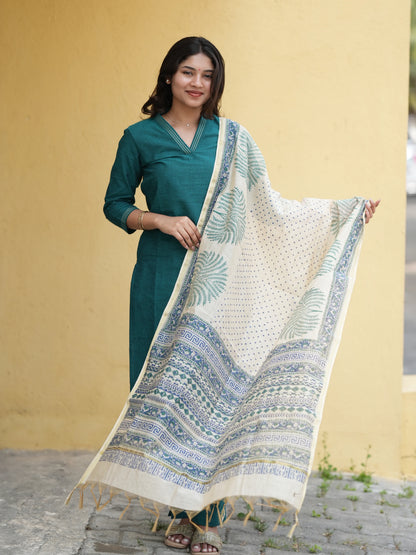 Midnight Green South Cotton Suit Set with Block Printed Dupatta (3Pcs.)
