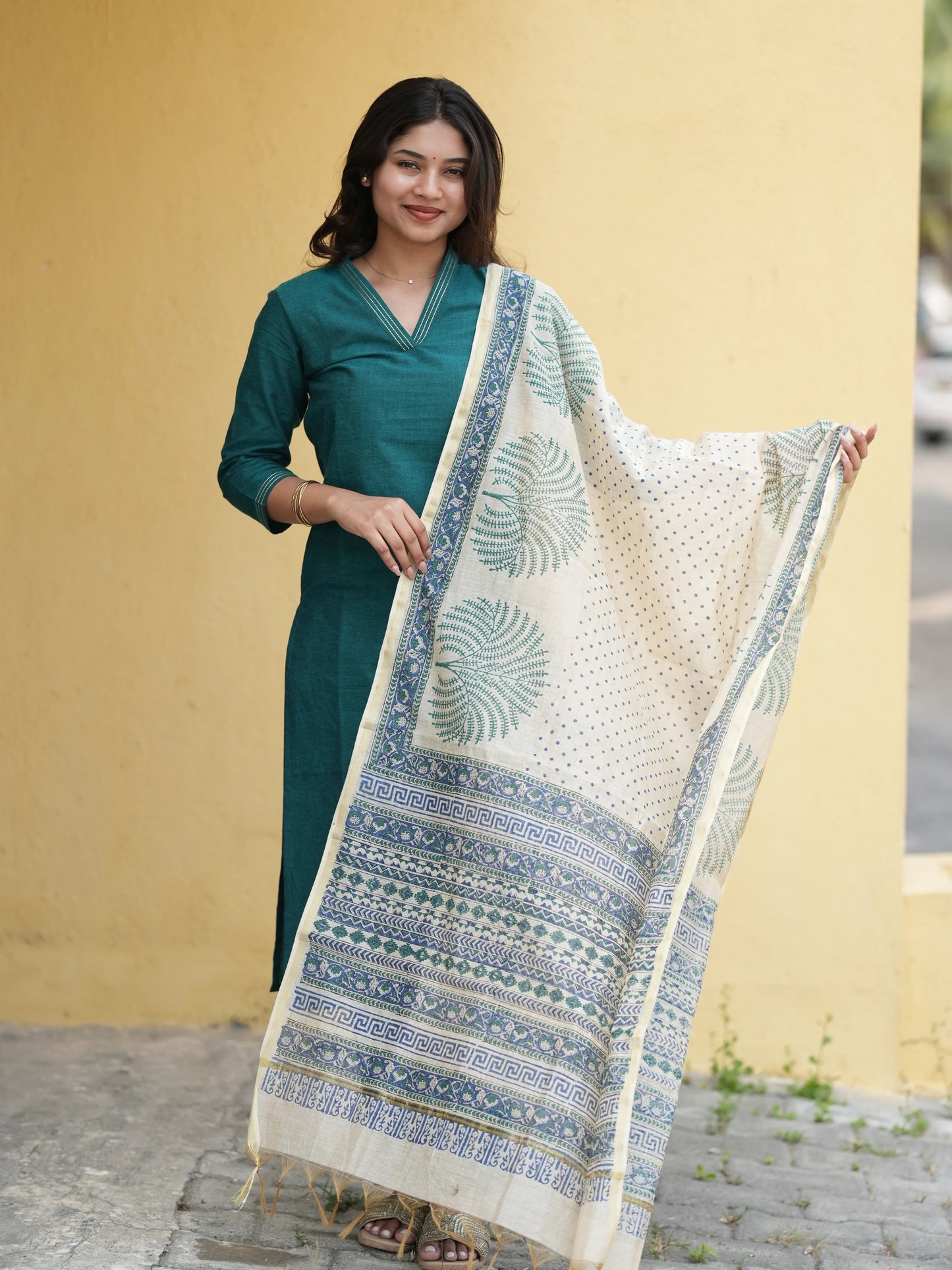 Midnight Green South Cotton Suit Set with Block Printed Dupatta (3Pcs.)