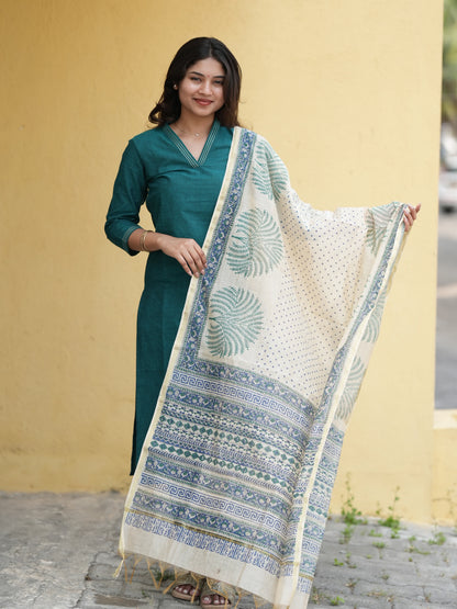 Midnight Green South Cotton Suit Set with Block Printed Dupatta (3Pcs.)