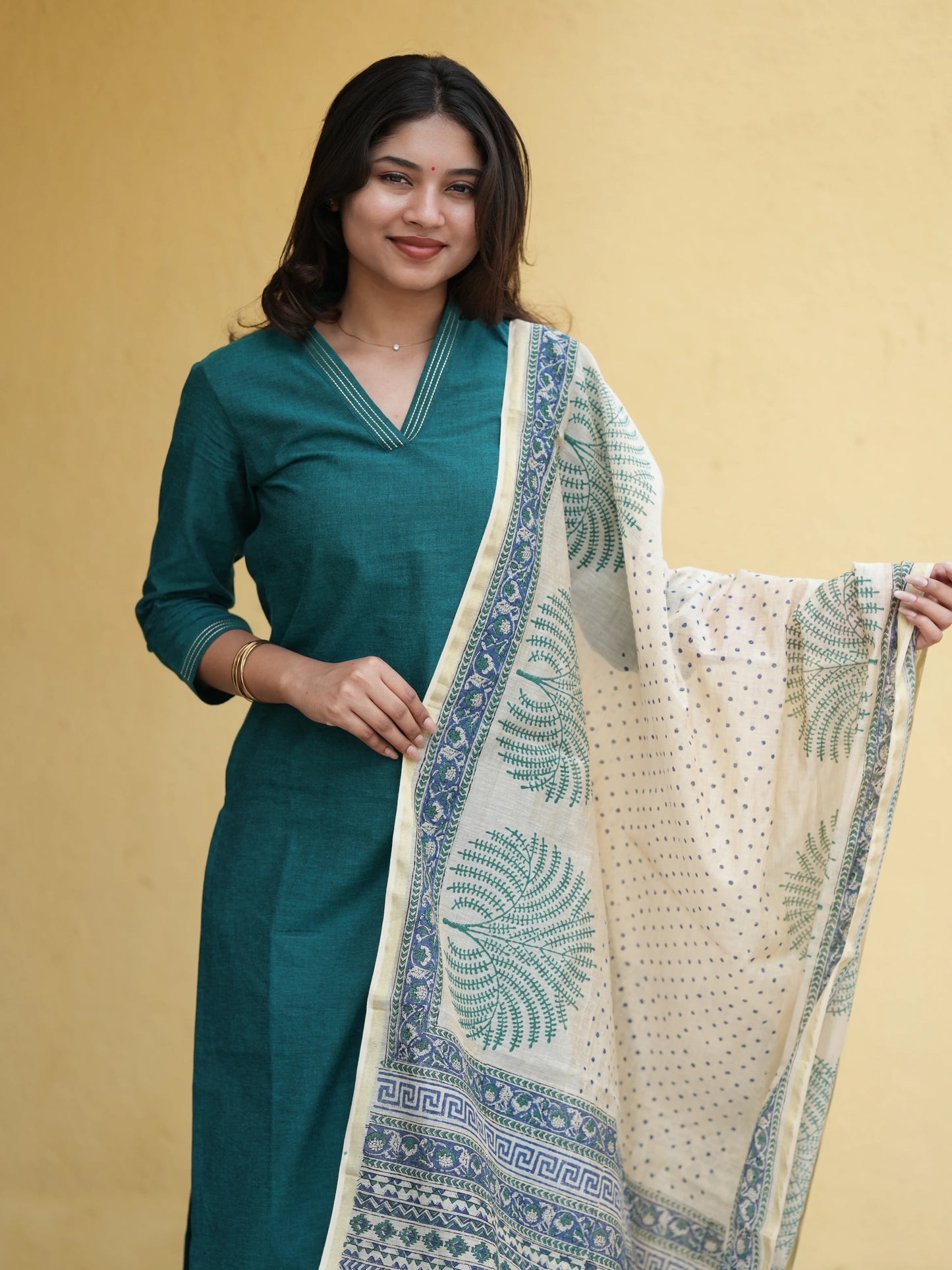 Midnight Green South Cotton Suit Set with Block Printed Dupatta (3Pcs.)