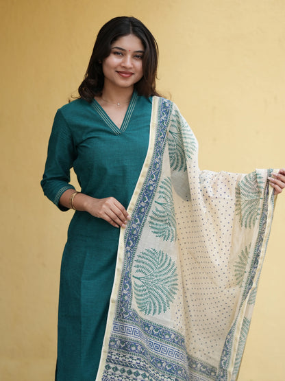 Midnight Green South Cotton Suit Set with Block Printed Dupatta (3Pcs.)