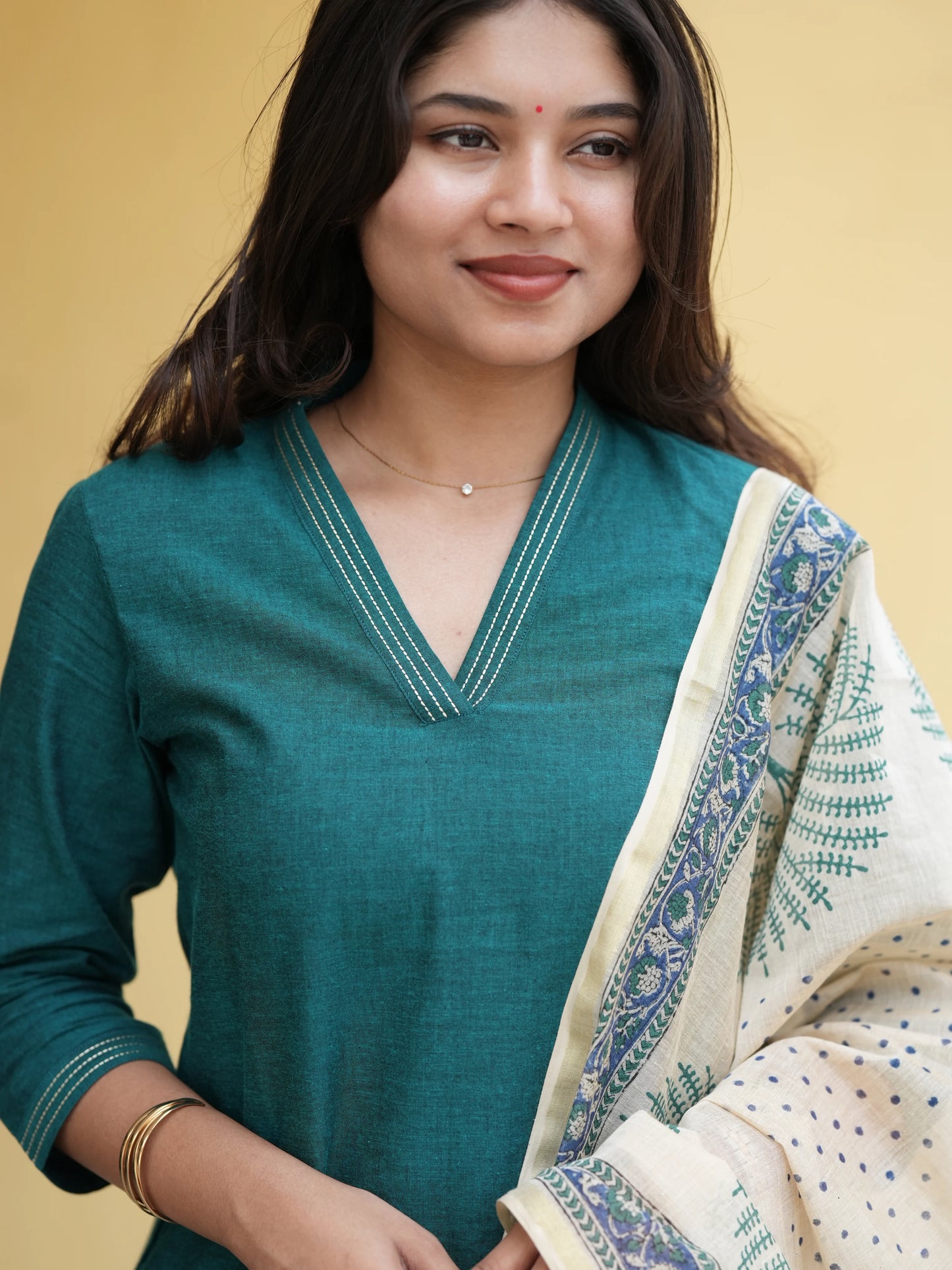 Midnight Green South Cotton Suit Set with Block Printed Dupatta (3Pcs.)