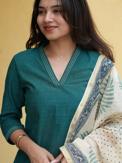 Midnight Green South Cotton Suit Set with Block Printed Dupatta (3Pcs.)