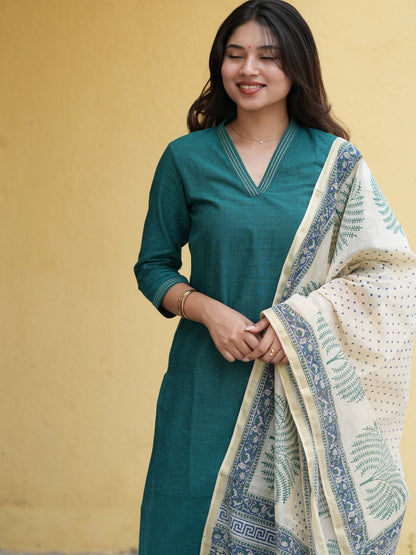 Midnight Green South Cotton Suit Set with Block Printed Dupatta (3Pcs.)