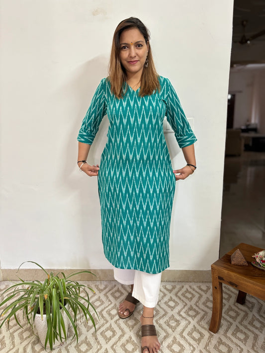 Turquoise Green Ikkat Handloom Cotton Kurta