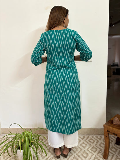 Turquoise Green Ikkat Handloom Cotton Kurta