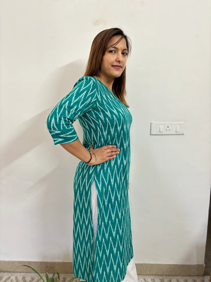 Turquoise Green Ikkat Handloom Cotton Kurta