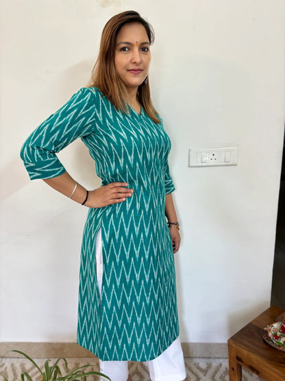 Turquoise Green Ikkat Handloom Cotton Kurta