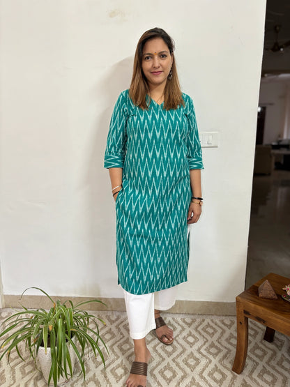 Turquoise Green Ikkat Handloom Cotton Kurta