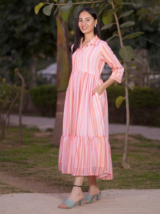 Candy Stripes Georgette Tiered Dress