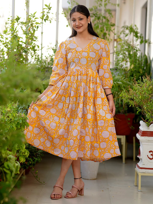 Vibrant Yellow Bloom Block Printed COTTON Dress