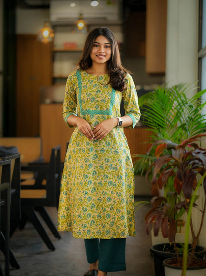 Vanilla Blue Petal A-Line COTTON Kurta