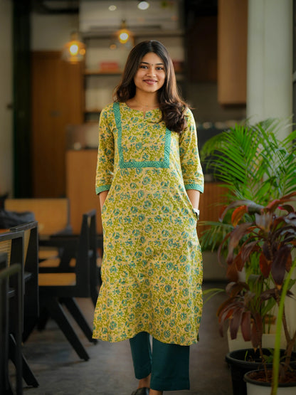 Vanilla Blue Petal A-Line COTTON Kurta