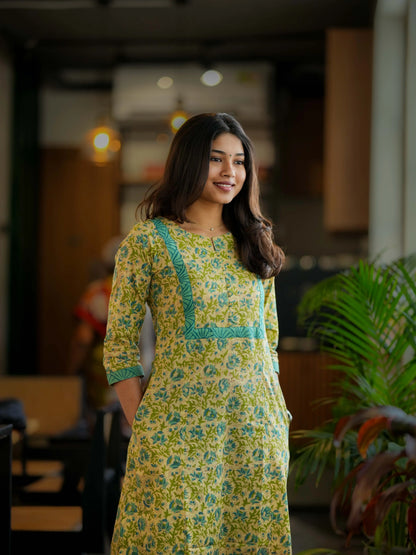 Vanilla Blue Petal A-Line COTTON Kurta