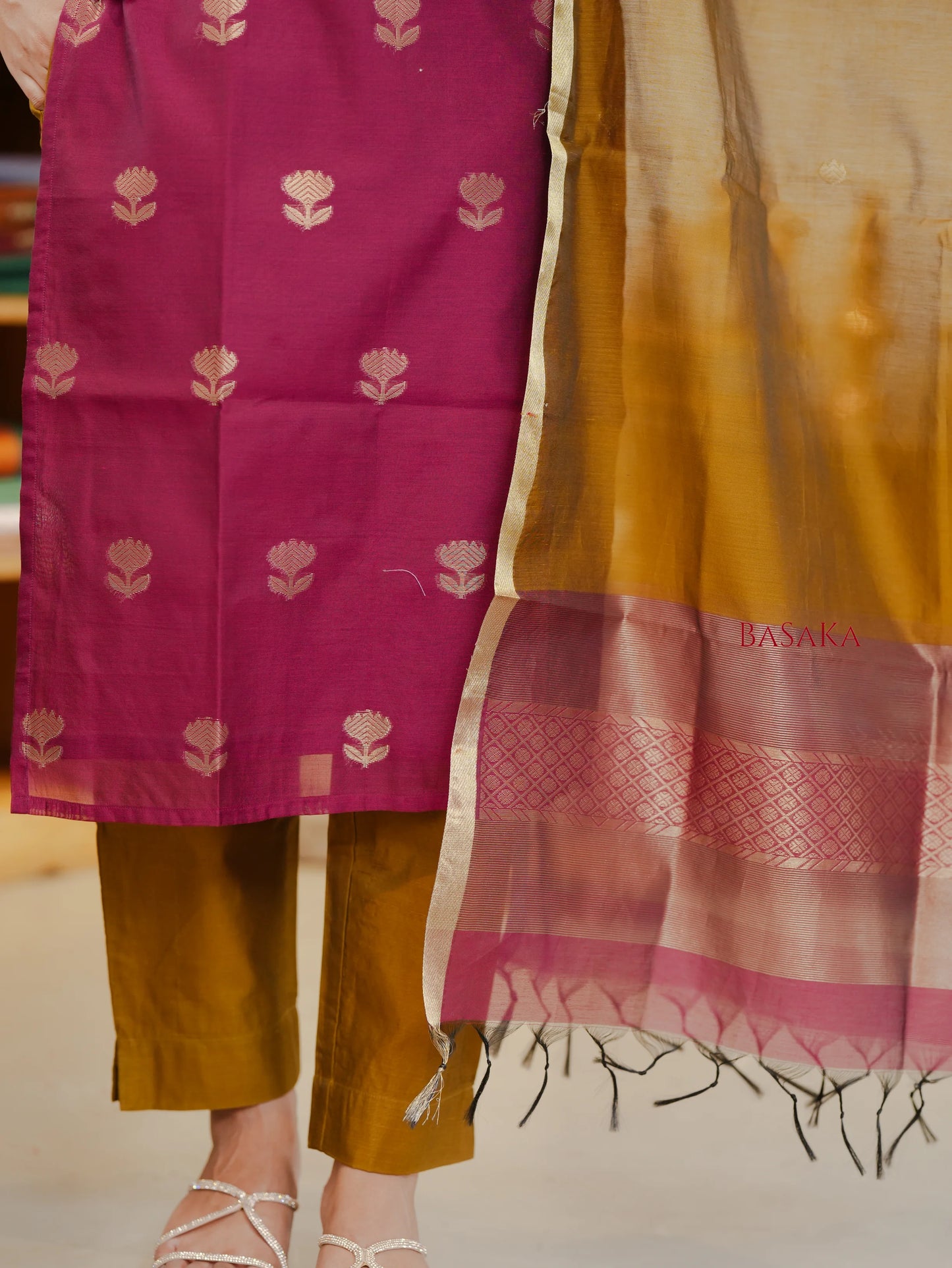 Violet Red n Vegas Gold Kora Silk Suit Set (3 pcs.) with lining