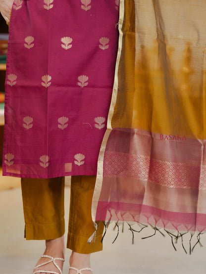 Violet Red n Vegas Gold Kora Silk Suit Set (3 pcs.) with lining