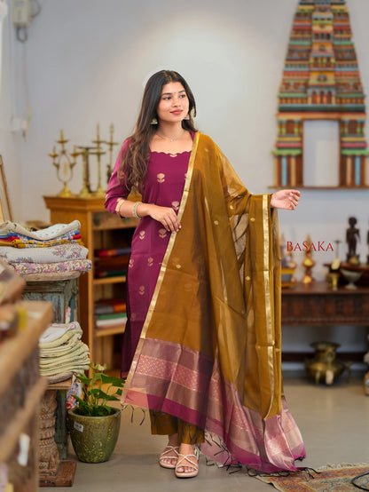 Violet Red n Vegas Gold Kora Silk Suit Set (3 pcs.) with lining