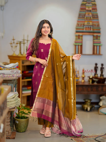 Violet Red n Vegas Gold Kora Silk Suit Set (3 pcs.) with lining