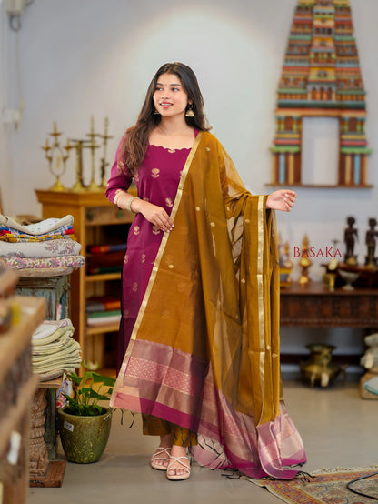 Violet Red n Vegas Gold Kora Silk Suit Set (3 pcs.) with lining