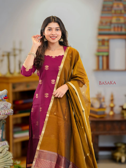 Violet Red n Vegas Gold Kora Silk Suit Set (3 pcs.) with lining