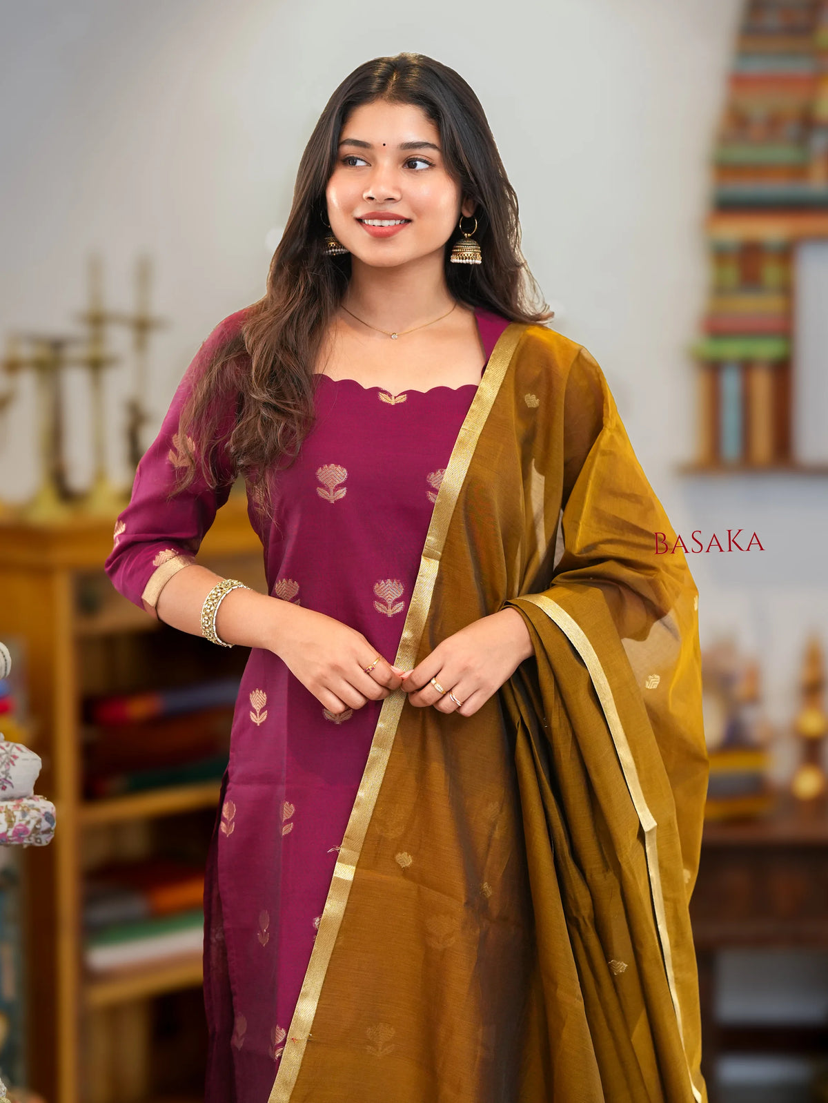 Violet Red n Vegas Gold Kora Silk Suit Set (3 pcs.) with lining
