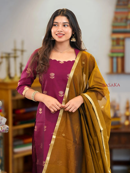 Violet Red n Vegas Gold Kora Silk Suit Set (3 pcs.) with lining