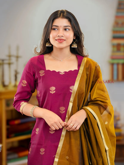 Violet Red n Vegas Gold Kora Silk Suit Set (3 pcs.) with lining