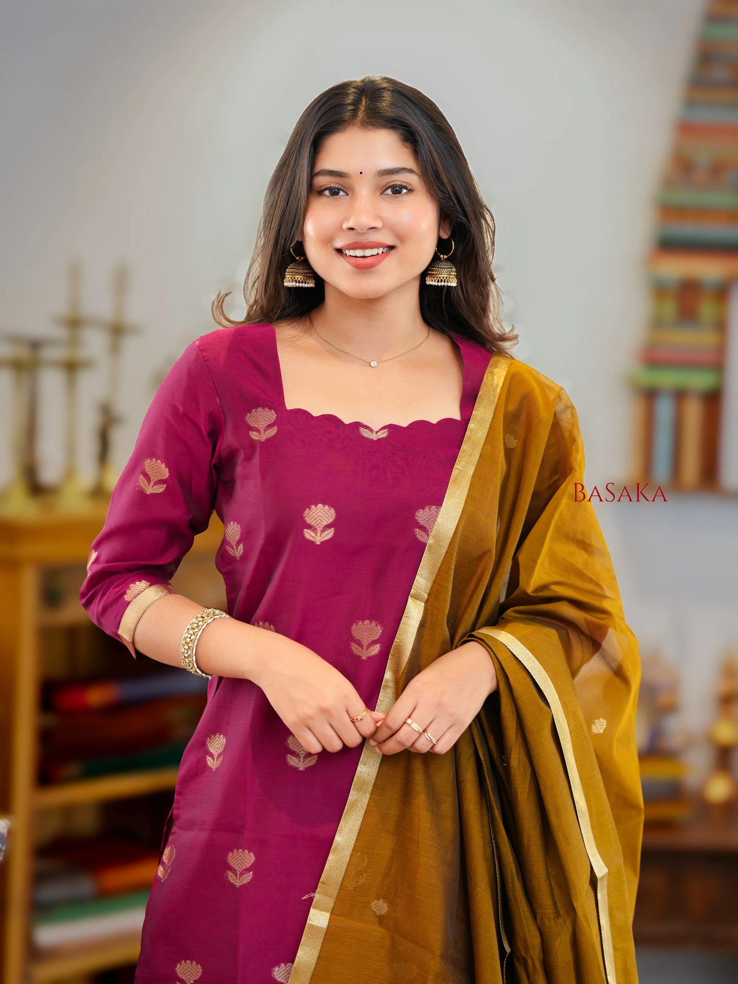 Violet Red n Vegas Gold Kora Silk Suit Set (3 pcs.) with lining