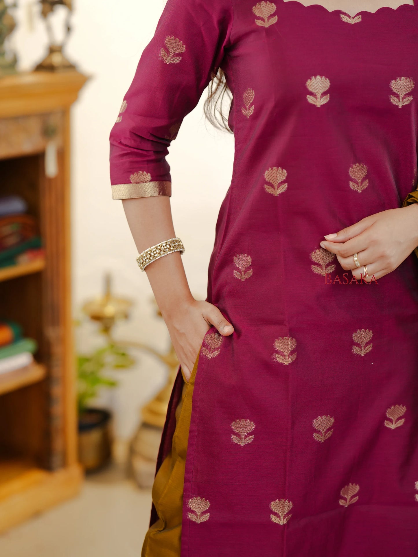 Violet Red n Vegas Gold Kora Silk Suit Set (3 pcs.) with lining