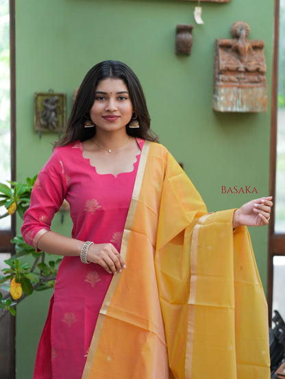 Watermelon Pink n Marigold Kora Silk Suit Set (3 Pcs) with lining