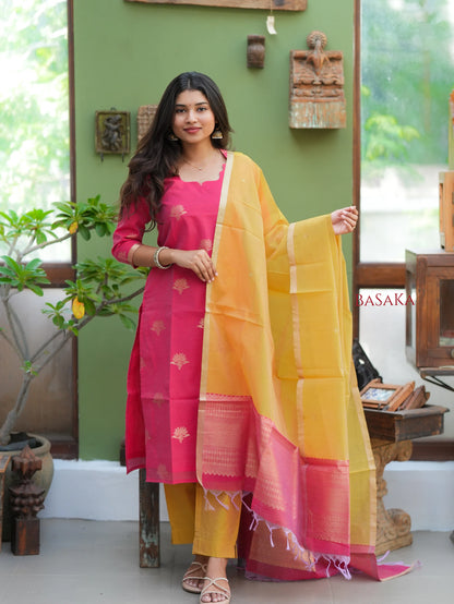 Watermelon Pink n Marigold Kora Silk Suit Set (3 Pcs) with lining