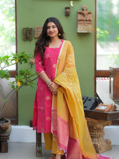 Watermelon Pink n Marigold Kora Silk Suit Set (3 Pcs) with lining