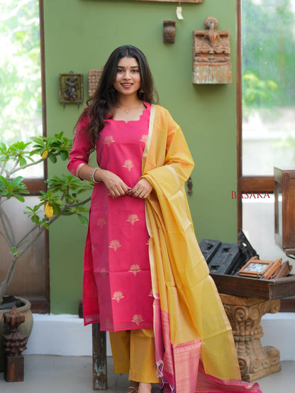 Watermelon Pink n Marigold Kora Silk Suit Set (3 Pcs) with lining