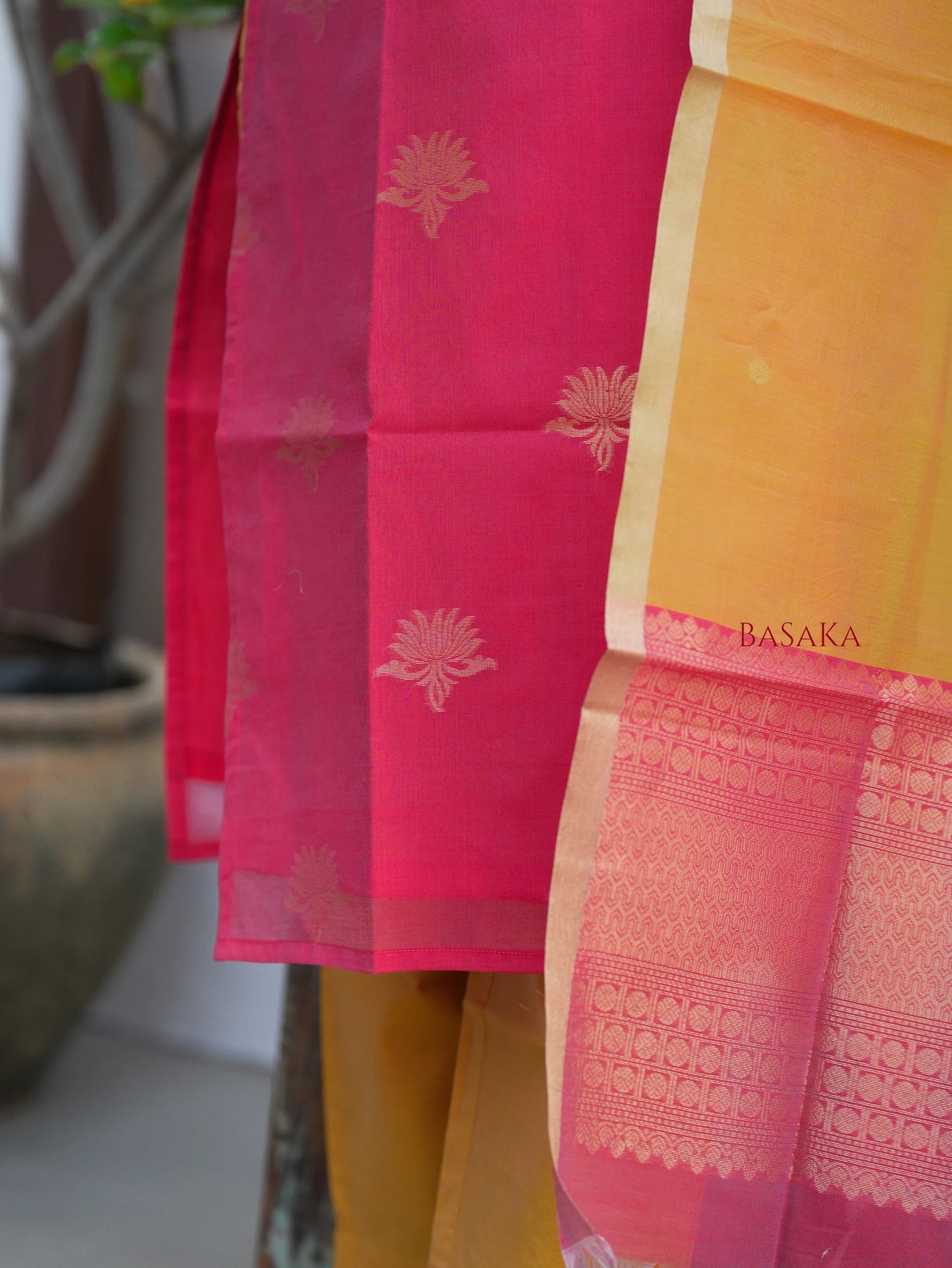 Watermelon Pink n Marigold Kora Silk Suit Set (3 Pcs) with lining